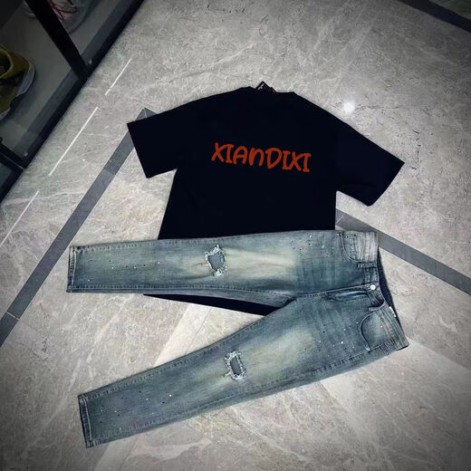 Katuqi heavy pure cotton European and American retro short-sleeved T-shirt men's summer loose trend five-point half-sleeved high street clothes T-shirt black L [recommended 100-120 Jin [Jin equals 0.5 kg]]