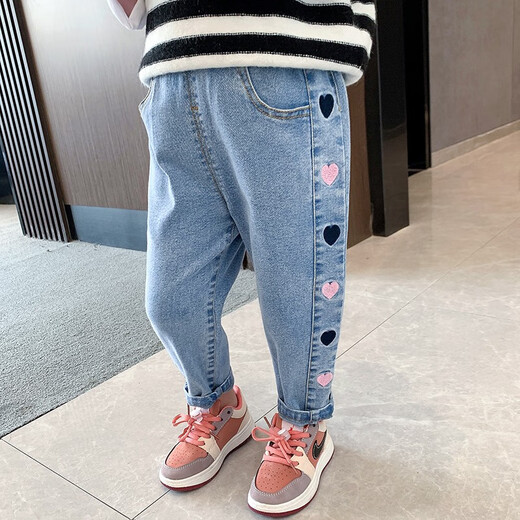 水花童女童时髦牛仔裤春秋装中小童春季韩版洋气裤子女宝宝休闲百搭长裤 681_侧边粉爱心 130cm