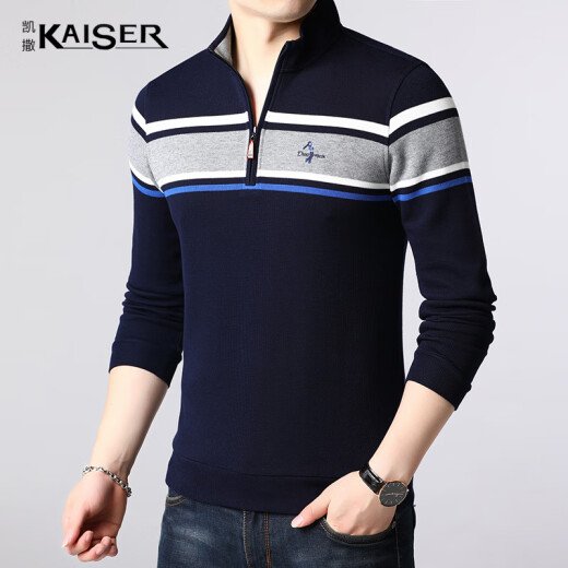 Camiseta César Camiseta de manga larga Soporte de cremallera a rayas Hombres Casco Casual y de mediana edad KS9226 Deep Blue 185/100a