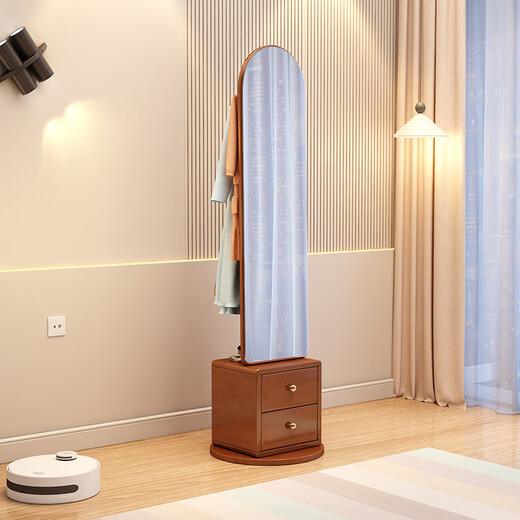 
Yuemingting solid wood multi-functional coat rack floor-standing full-body mirror storage dressing mirror movable rotatable fitting mirror combination walnut color