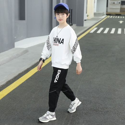 Venetutu boys suit spring and autumn 2022 spring new Korean version medium and large children's suit sweatshirt trousers boys casual sports student two-piece set 3-15 years old trendy black 150 size recommended height around 140 cm