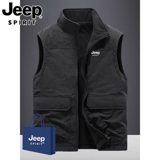 JEEP SPIRIT Reversible Vest Autumn and Winter Men's Multi-Pocket American Jacket Thickened Warm Outdoor Vest Fishing Wear Gray 2XL