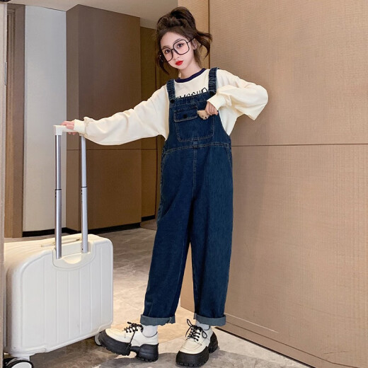 Chili Pepper Diary Girls Denim Overalls Spring and Autumn New Medium and Large Children's Style Loose Straight Temperament Versatile Casual Pants Blue Overalls - Single Pants Size 150 Recommended Height Around 135-145 Centimeters