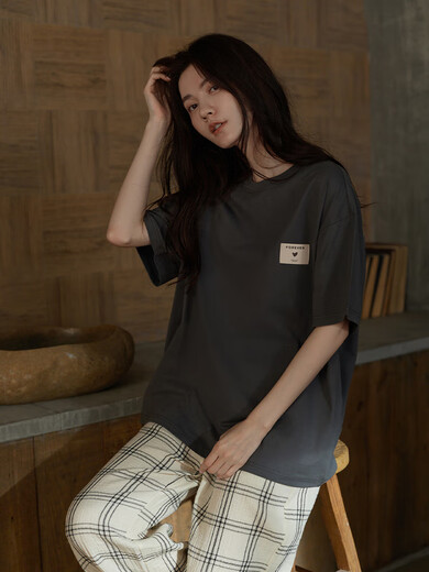 同语（TONGYU）同语夏季新款睡衣女凉感纯棉短袖长裤家居服夏天女士格子薄款套装 女士Z3890 M 160