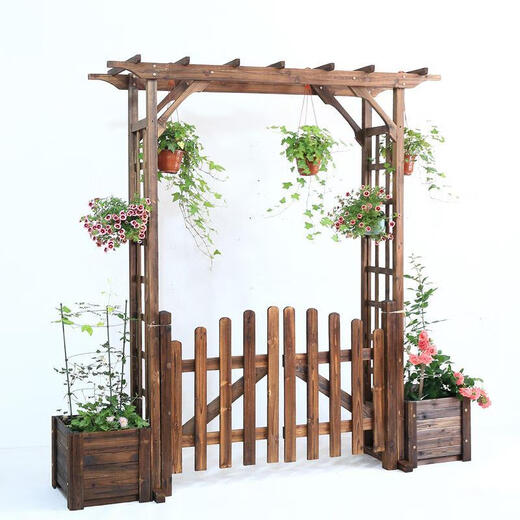 Puerta al aire libre con puertas en el patio, puertas de cerca de madera anticorrosión en el jardín, puertas de madera de doble madera en las puertas de madera maciza de madera, puertas de cerca con columnas 12050 de color carbonizado
