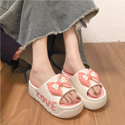 Autumn summer high heel thick-soled slippers for women in summer new cute bow home bathroom sandals to increase height wearing sponge cake sole beige 38-39 suitable for sizes 37-38