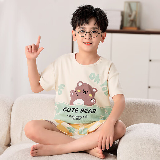 曼妮朵夏季儿童睡衣纯棉短袖短裤薄款男孩大童全棉青少年男童家居服套装 F724【双短】 XL码建议165-170cm