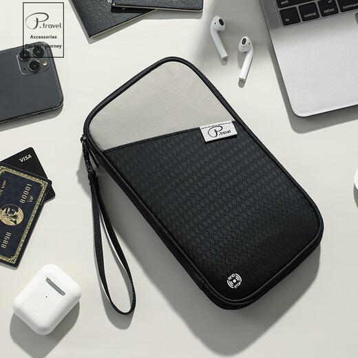 POTRAVEL.DESIGN日式斜挎护照包RFID防盗刷旅行手提便携大容量收纳包机票夹证件包 黑灰