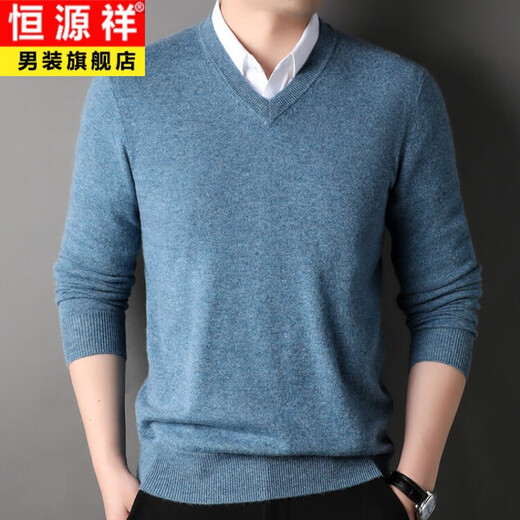 恒源祥纯羊绒衫男v领毛衣冬季新款中年100%山羊绒套头鸡心领针织衫男厚 藏青 L 175/110