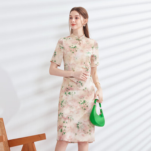 Classic Story (JANE STORY) 2024 new summer high-end daily cheongsam for women, young style, national style, new Chinese style floral dress, apricot pink and green flower S