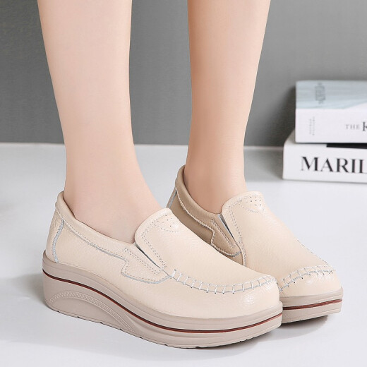 Sula Shepinyuan Mom's Shoes Women's 2023 Summer Korean Style Middle-aged and Elderly Large Size Women's Shoes Rocking Shoes Thick-soled Wedge Platform Shoes Beige 37