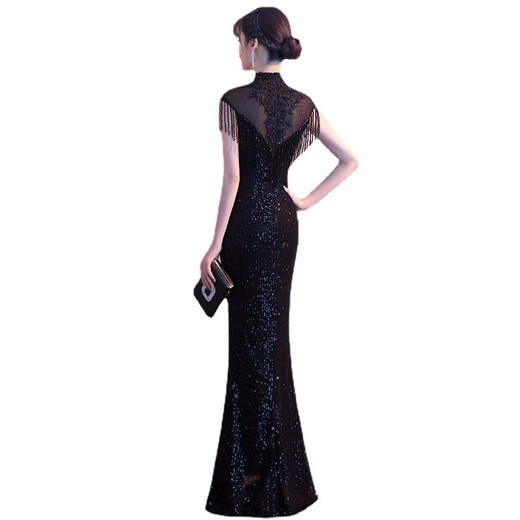 Timochi high-end evening host dress black evening dress sequined tassels 2024 banquet temperament lady color fishtail black L