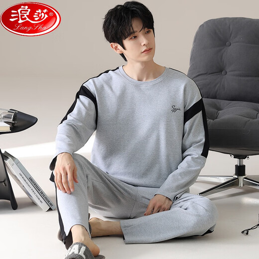 浪莎（LangSha）6XL特大码纯棉长袖睡衣男春秋肥佬加肥加大码260斤青年休闲可外穿 QDX9905 4XL 190-210斤】