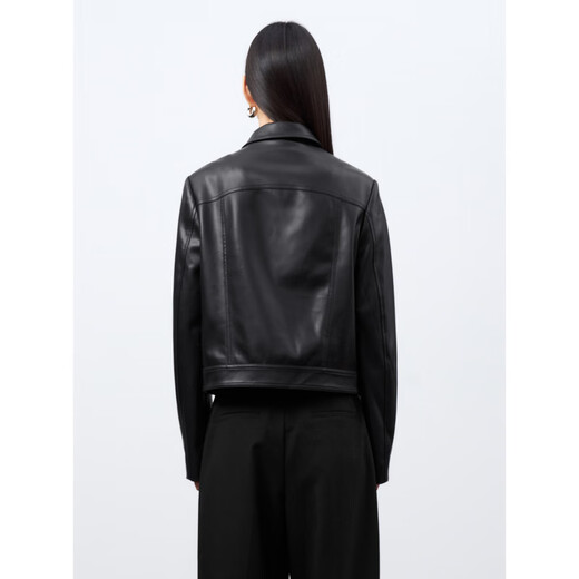 PEACEBIRD Women's Short Jacket PU Leather Jacket Women's Autumn Fashion High-end Lapel Wilderness Maillard Black 2 M