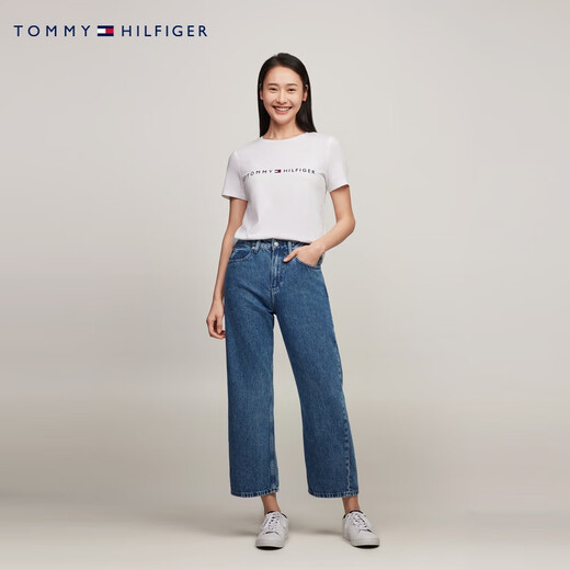 TOMMY HILFIGER夏季女装纯棉休闲通勤刺绣轻薄打底纯色圆领短袖T恤76J4880 白色YCI XS （推荐：80-100斤）