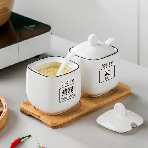 Duo Meiran household white ceramic seasoning jar seasoning combination set seasoning box kitchen seasoning jar salt shaker seasoning bottle jar 2 black line white jars - with wooden board