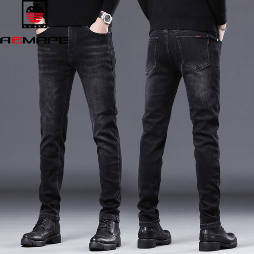 AEMAPE American Apple's new autumn and winter plus velvet jeans for men's slim feet thickened warm and cotton casual long trousers 1048 black- plus velvet XXS 33