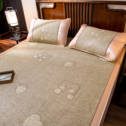 Arctic velvet home textile, encrypted imitation rattan mat, summer cool mat, foldable air-conditioned mat, student dormitory single mat, summer household straw mat, double mat, strawberry bear-cool rattan mat 150*195cm (cool mat + 2 pillowcase)