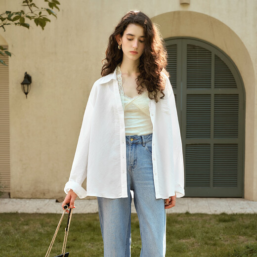 Olrain French white shirt women's versatile design double-layer lace commuting shirt white XL