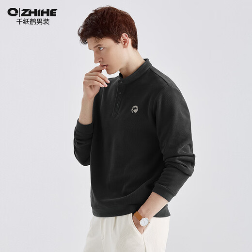 Qianzhihe Autumn New Men's Henry Collar Printed Bottoming Shirt Sweater Commuting Versatile Casual Knitted Top Men's Spring and Autumn Wear 63C Black L