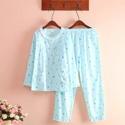 
Cotton twill pajamas for women in spring and summer thin long sleeves, fresh floral woven pure cotton pajamas home clothing set Blue lemon 6636 M 80-108Jin [Jin equals 0.5 kg]