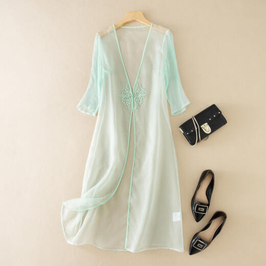 Pier Cardin Chinese style 7-quarter sleeve chiffon shirt for women mid-length cardigan shawl retro exterior embroidered thin cheongsam jacket blue 6191 L 115-125Jin [Jin equals 0.5 kg]