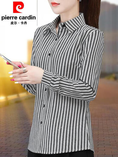 Pier Cardin cotton shirt for women cotton striped shirt for women long sleeves 2025 spring new fashion style for work ZXP1392 blue cotton M suggested 95105Jin [Jin equals 0.5 kg]