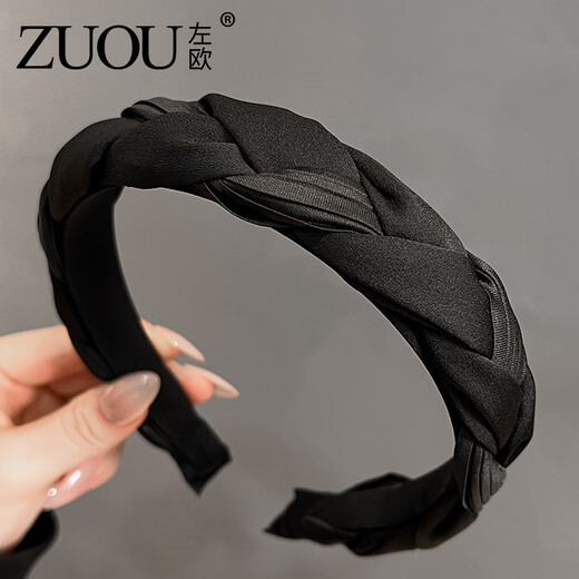 Zuoou headband for women, high-end, fashionable, high-ceiling hairpin, black braided hairpin, satin wide-brimmed hair hole headdress, black braided hairband