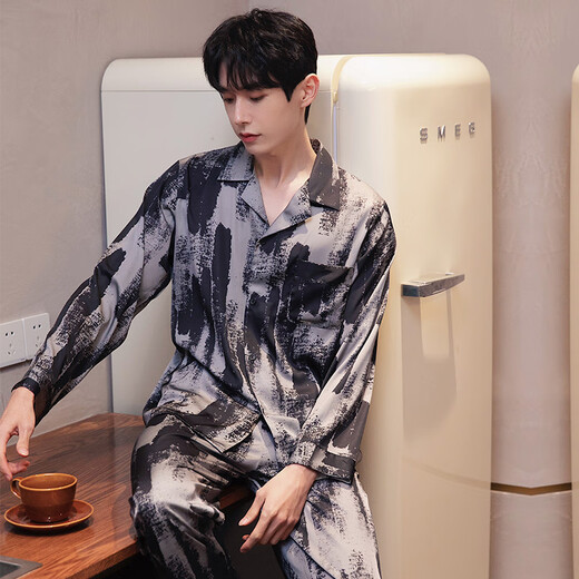 雅鹿男款睡衣春秋款冰丝绸长袖长裤套装男士夏季2024新款高级感家居服 6627灰粽 L (100 125斤)