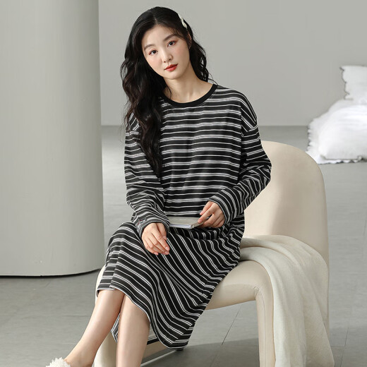 简方位2024年新款睡裙女春秋纯棉感秋冬季睡衣可外穿条纹家居服 w9764长袖睡裙 7XL m 70-90斤