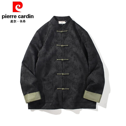 皮尔卡丹新中式唐装男中国风秋冬季长袖夹克复古盘扣汉服宽松大码男士外套 A653黑色 XL 135-150斤