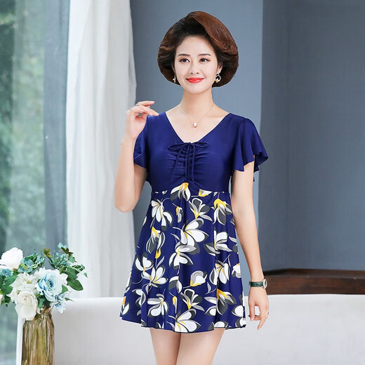 Lu Geli Mom's hot spring swimsuit women's belly-covering slimming split conservative middle-aged and elderly loose hot spring style large size swimsuit Mom's swimsuit lily style XL 125-140Jin Jin equals 0.5 kg