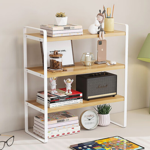 Yilande desktop simple small bookshelf wrought iron storage rack home bay window desk multi-layer computer desk shelf table storage rack three-layer Nordic maple color-white shelf