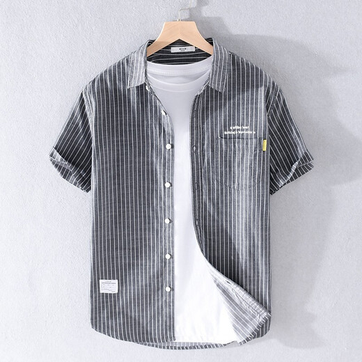 Gosejue summer casual short-sleeved striped shirt men's loose shirt new men's Japanese literary shirt base shirt 9721 white L