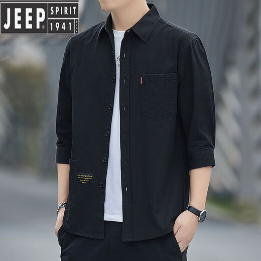吉普（JEEP）高档纯棉免烫夏季衬衫男士宽松版七分袖衬衣工装中袖外套休闲百搭 高质量纯棉料七分袖5008(浅蓝色) M 95斤-115斤
