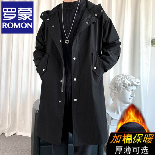 罗蒙（ROMON）风衣外套男中长款春秋季高级感大衣2024新款冬季休闲男装男士衣服 加厚 F174黑色【加棉】 2XL 170-190斤
