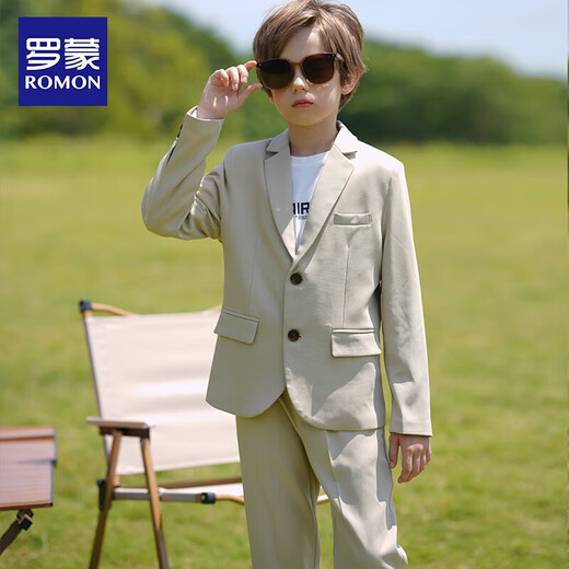 罗蒙男童英伦风礼服春秋款儿童休闲西装 米色 150