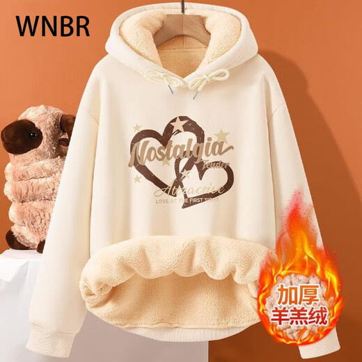 WNBR羊羔绒卫衣女2024秋冬新款韩版百搭卡通印花加绒加厚宽松连帽上衣 W681杏色(希望之光) XL建议[115-130斤]