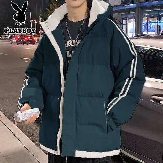花花公子棉服男士装秋冬季款加绒加厚保暖非羽外套连帽棉衣防寒上衣服 10688-9789绿色 M