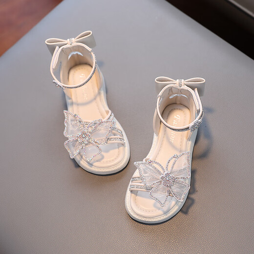 LINGLI Girls Sandals 2026 Summer New Children's Princess Shoes Baby Non-Slip Girls Crystal Shoes Summer Beach Spring M07 Beige 33