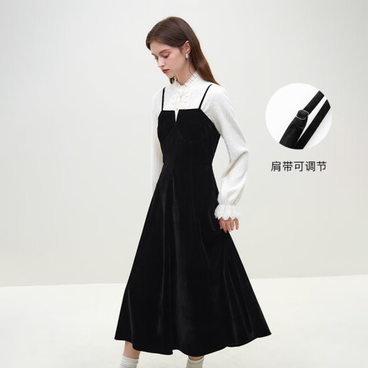 范思蓝恩23FS14715 黑色丝绒吊带连衣裙女秋冬秋冬氛围感约会裙子 黑色 L