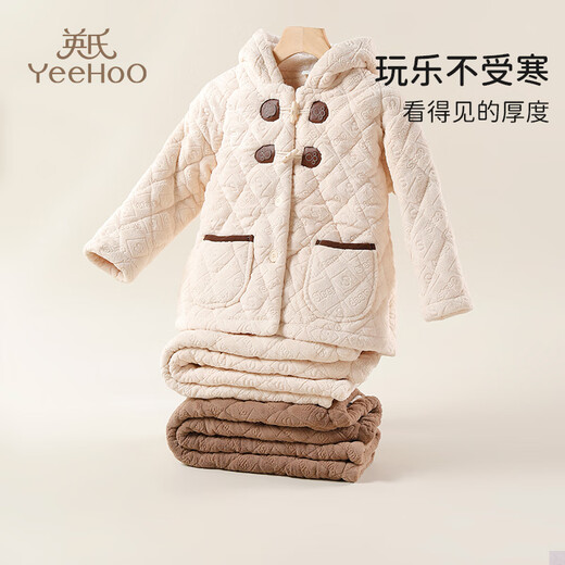Ying's children's velvet thickened home clothes suit winter style boys and girls autumn and winter hooded outer pajamas beige 140