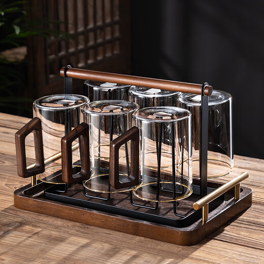 Pulian glass set for home living room green tea cup large capacity drinking cup Chinese style wooden handle 310ml walnut handle cup 6 pieces + cup holder + wooden tray