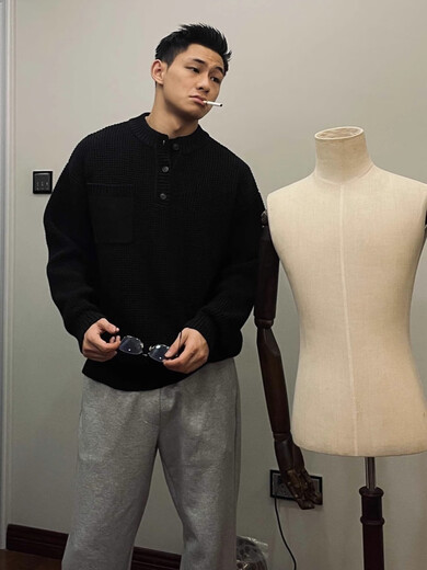 Semir Henry Neck Round Neck Old Money Style Sweater Men's Solid Color Long Sleeve Sweater American Retro Casual Premium Sweater Fashion Black G60 M