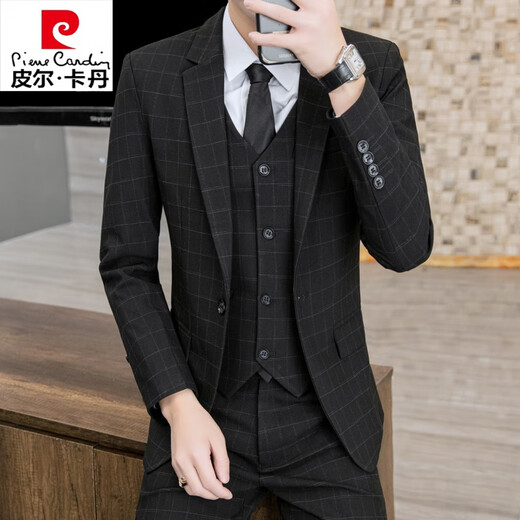 Pierre Cardin Korean style plaid suit suit men's casual business formal three-piece suit groom's wedding suit jacket men's light gray suit + vest + pants tie XL
