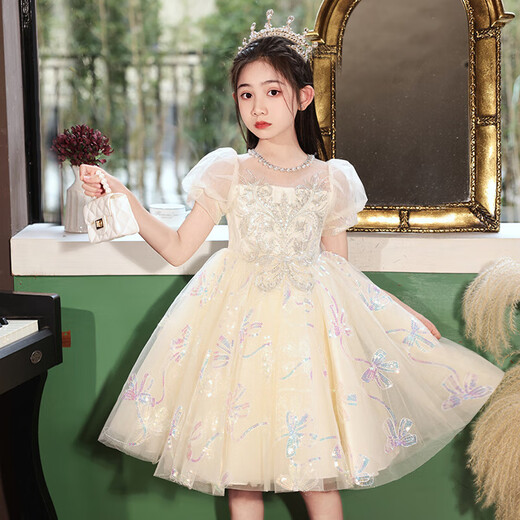 奥蒙威（AOMENGWEI）女童礼服公主裙甜美儿童花童婚纱生日连衣裙主持钢琴演出服DY9208 香槟色短袖【单裙】 150