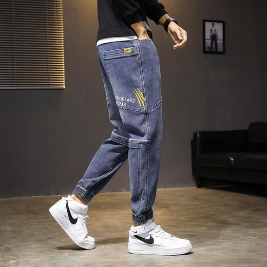 Fesshi-cho jeans men's 2023 spring and summer new trendy brand loose trousers for boys spliced ​​casual Harun work pants Large pocket Harun grey XL [recommended 120-135 Jin [Jin equals 0.5 kg]]