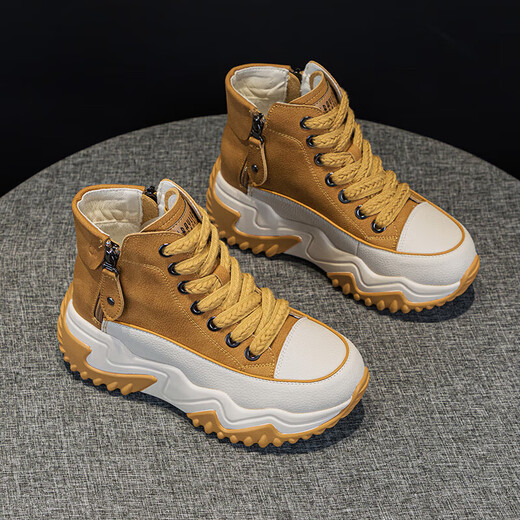 
AI genuine leather dad shoes for women 2024 autumn and winter new thick sole high-rise women's shoes sports casual shoes soft sole travel shoes yellow [single] WZZS677 36