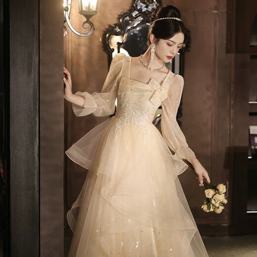 Li Baixin evening dress light luxury niche high-end champagne color French high-end banquet temperament host female stunning beauty test dress champagne color XL Li Baixin evening dress light luxury niche high-end champagne color French high-end banquet temperament host female stunning beauty test dress champagne color XL