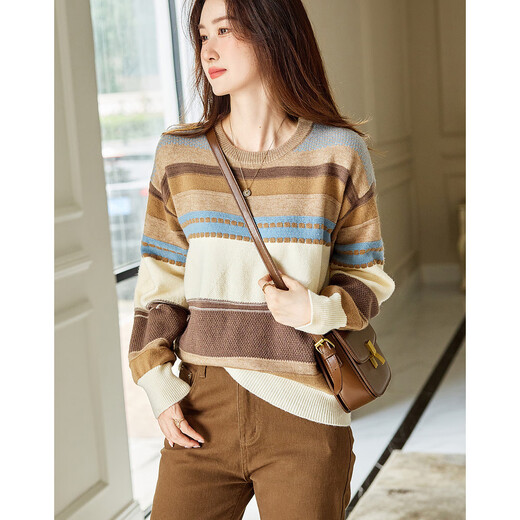 Demana Light Mature Commuting 2025 Winter Round Neck Velvet Yarn Striped Contrast Color Sweater Long Sleeve Knitted Sweater Women's Top